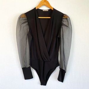 EXPLOSION Size 6/Medium Black Bodysuit Tulle Long Sleeves Deep V Shawl Neck Line
